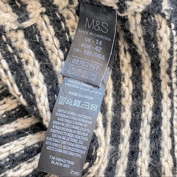 M&S Collection Black Off White Striped Knit Mock Neck Sweater Uk14 - Picture 7 of 12